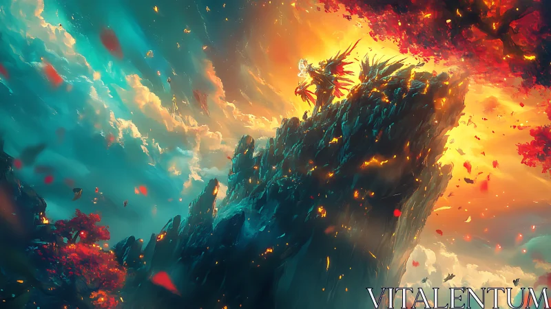 Skyward cliff dragon amid blazing celestial sunset vision.