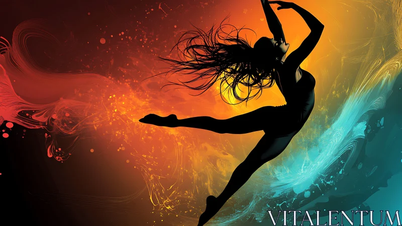 Digital painting silhouette dancer in fiery cool gradients.