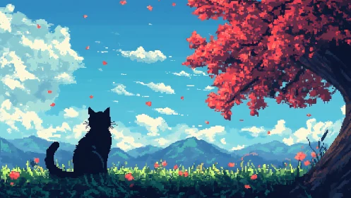 Quiet black cat enjoys a breezy day beneath red tree
