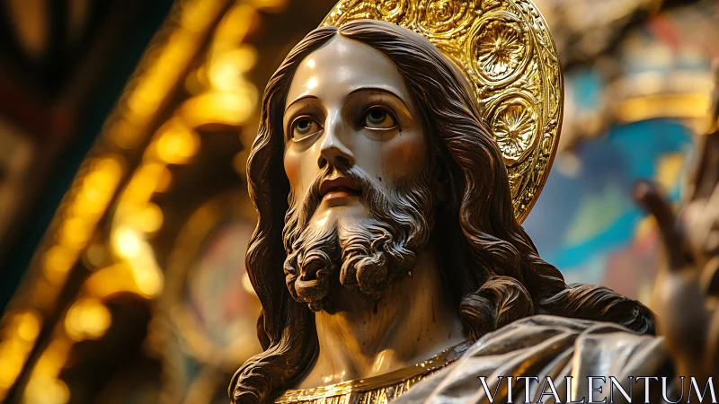 Polychrome Christ sculpture under warm gilded halo lighting