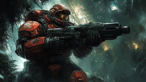 Armored space marine aiming heavy rifle in stormy forest.