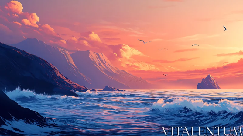 Sunlit coastal cliffs and dynamic waves under pastel sky