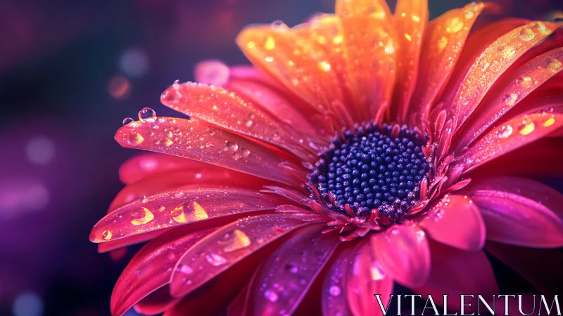 Pink Gerbera Daisy with Dew Drops and Golden Backlighting.