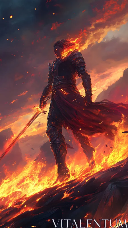 Flame-clad warrior in volcanic landscape with molten sword