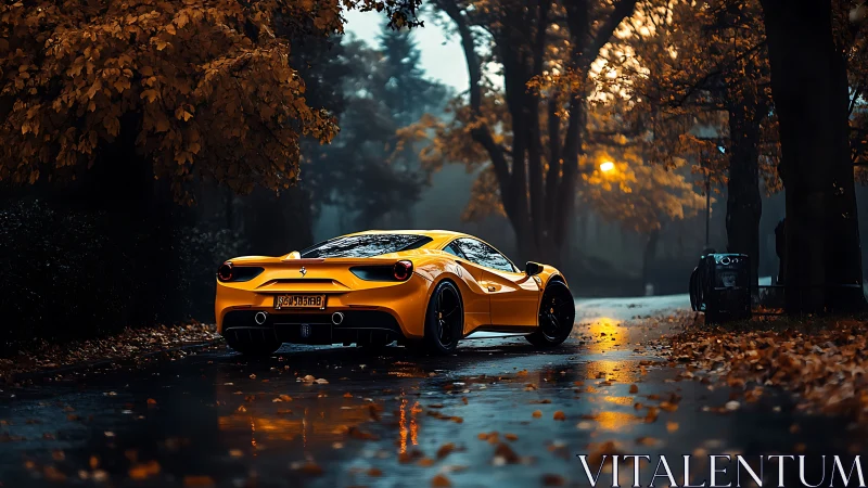 Yellow sports car parked on wet autumn road in forest