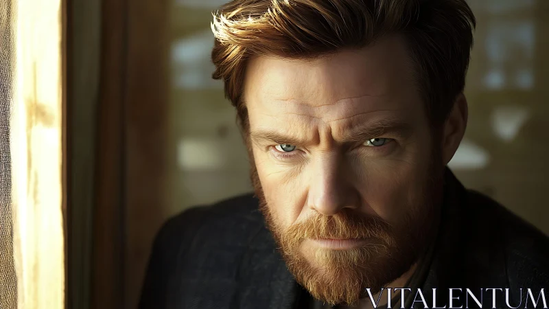 Close portrait of bearded man with intense direct gaze.