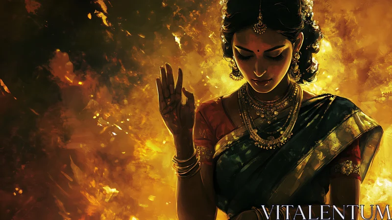 Golden-lit Indian woman in meditative classical pose.