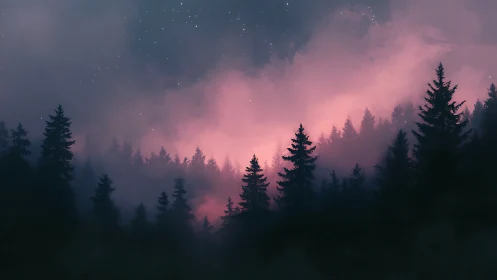 Enchanted Forest Wrapped in Twilight Mist and Stars