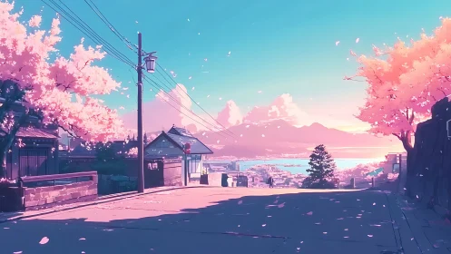 Sunlit hillside street under pastel cherry blossoms at dusk.