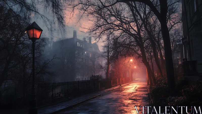Foggy evening lane glowing under gentle streetlamps.