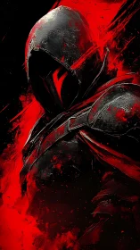 Bloodlit shadow knight wrapped in feral crimson storm.