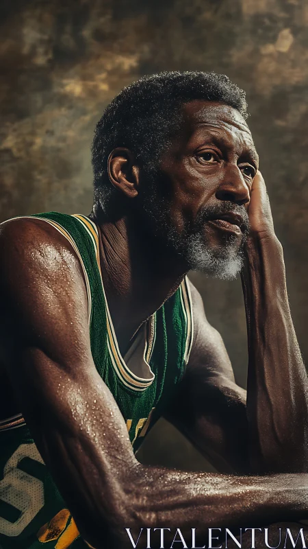 Weathered court philosopher in emerald jersey, glowing sweat.