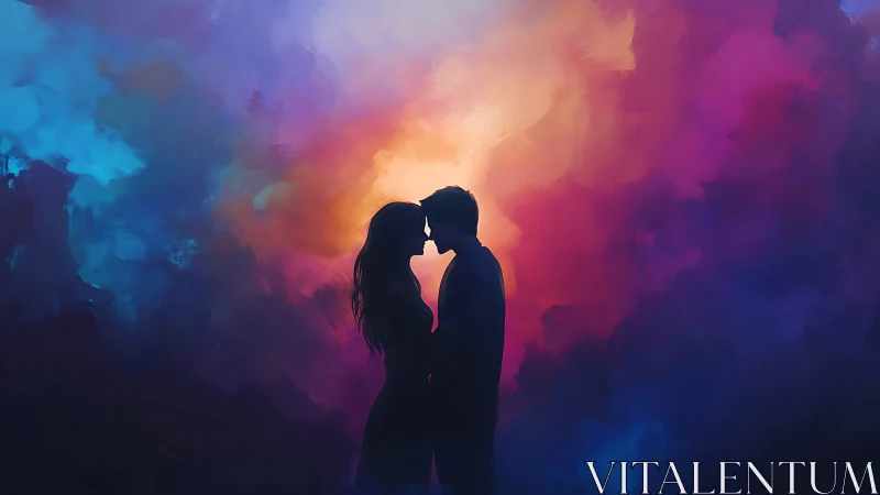 Silhouetted couple embracing within luminous gradient haze