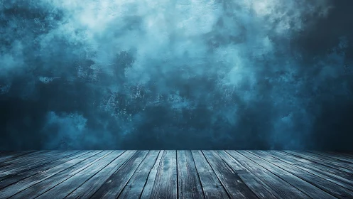 Weathered wood floor meets moody blue textured studio wall