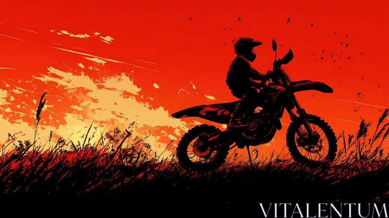 Motocross rider silhouette against intense scarlet sunset sky.