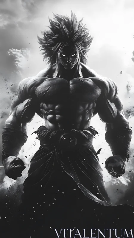 Monochrome hypermuscular anime warrior with storm backlight