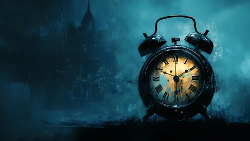 Midnight alarm clock burning through misty blue eternity.