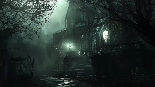 Moonlit decay wraps the haunted manor in watchful silence