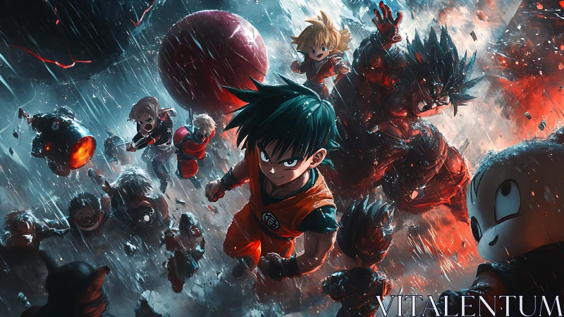 Anime fighters charge forward through rain and explosions