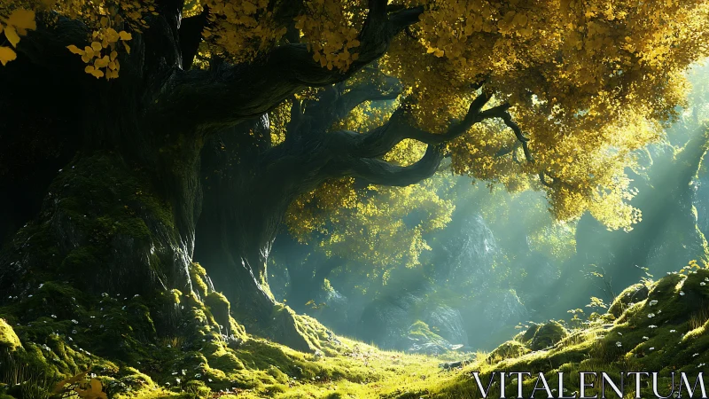Ancient tree with golden foliage creates luminous forest canopy.