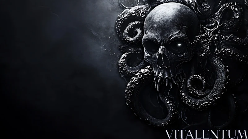 Digital painting of skull entangled in tentacles on voided field.