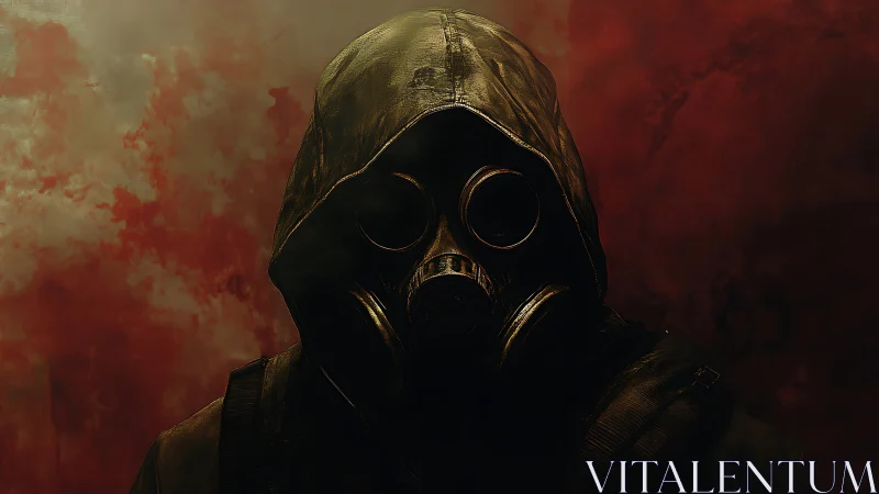 Hooded gasmask wanderer studies the poisoned crimson dusk