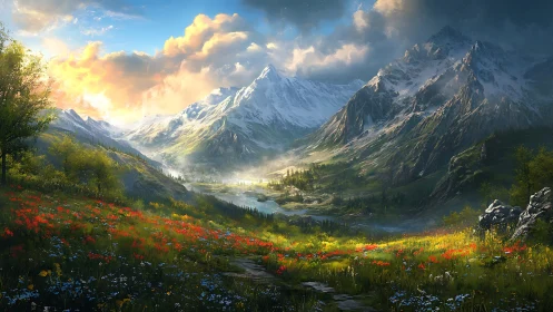 Sunlit alpine valley unfolds beneath dramatic snowy peaks.