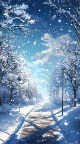 Snowy winter walkway glowing softly beneath blue skies.