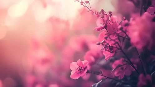Pink Blossoms Bloom in Soft Dreamlike Garden Light.