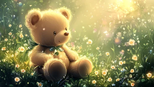 Plush teddy bear glows in golden flower meadow light.
