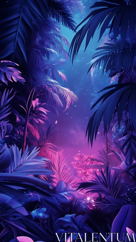 Neon lit tropical jungle with dense glowing foliage.