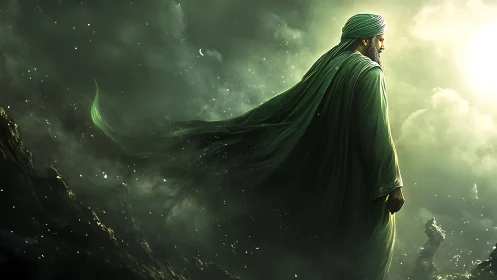 Mystic robed figure walking through luminous green storm.