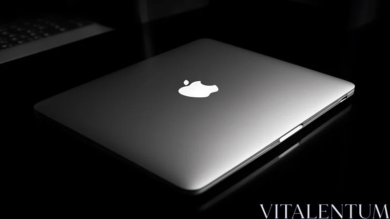 Closed silver laptop with illuminated logo on glossy black.