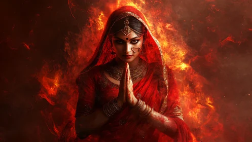 Fiery veiled warrior-priestess in symmetrical inferno field.
