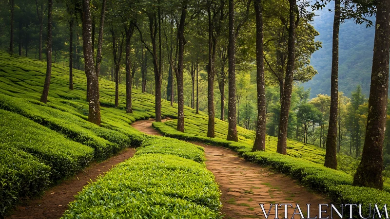 Tea plantation pathway through forest with mountains beyond.