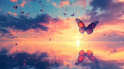 Butterflies over reflective water at colorful sunset horizon.