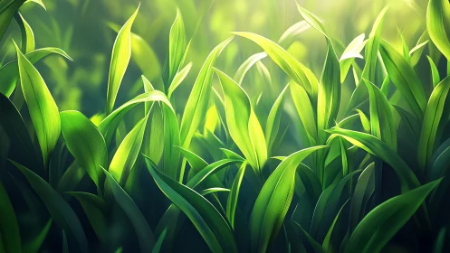 Lush green grass blades under soft glowing sunlight.