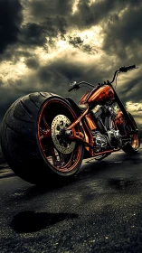 Custom low-angle motorcycle stands under dramatic storm clouds