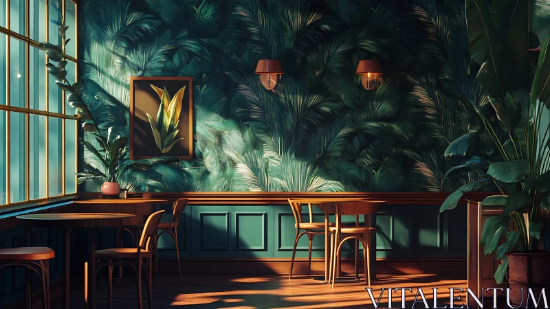 Sunlit jungle-themed caf&eacute; interior glows in warm light.