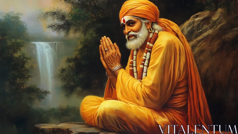 Serene orange robed guru prays beside a misty forest waterfall