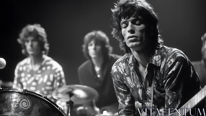 Moody rock guitarist in shimmering shirt on dim stage.