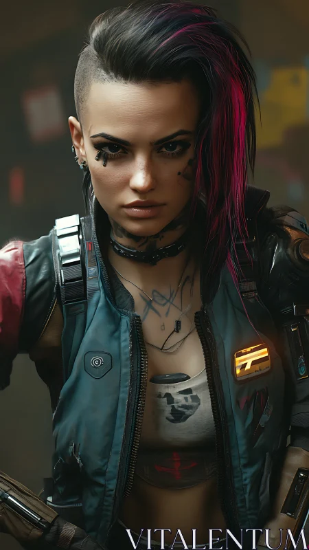 Cyberpunk street mercenary stares forward with neon defiance