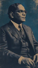 Formal sepia portrait of suited man on textured blue ground.