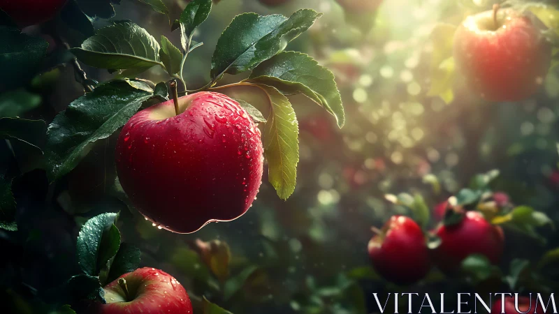 Sunlit red apple hangs ripe with dewdrops in lush orchard