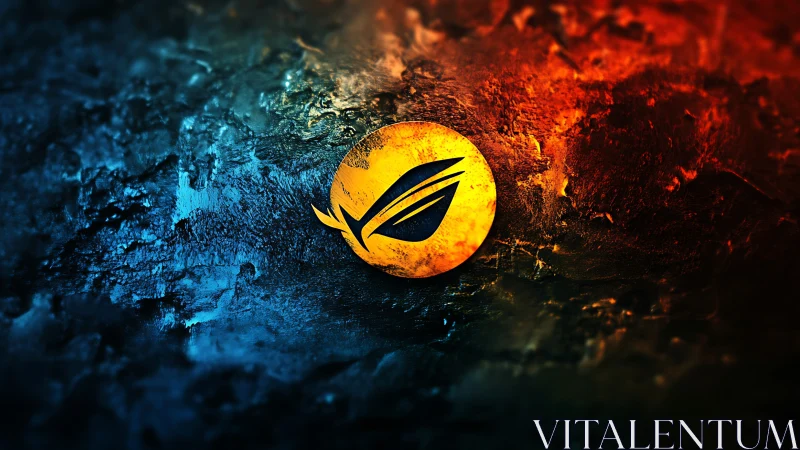 Gaming emblem on textured blue and orange abstract field.