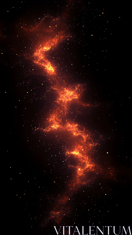 Vertical fiery nebula over dark star filled background.