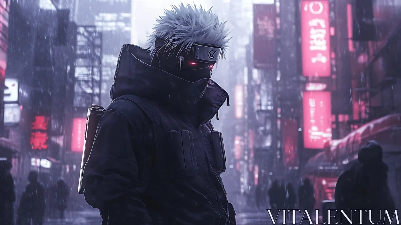 Masked cyber ninja stalks neon city streets in cold rain