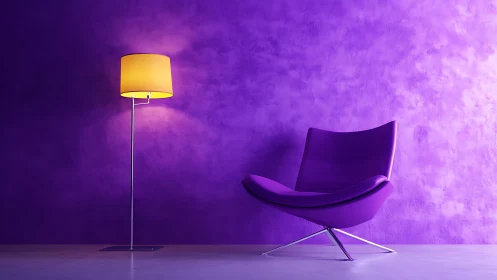 Purple accent chair and floor lamp in minimal interior.