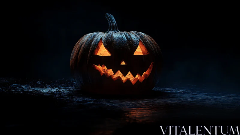 Glowing jack o lantern on dark night background in focus.