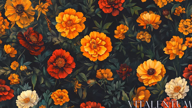 Marigold and zinnia floral pattern on deep midnight ground.